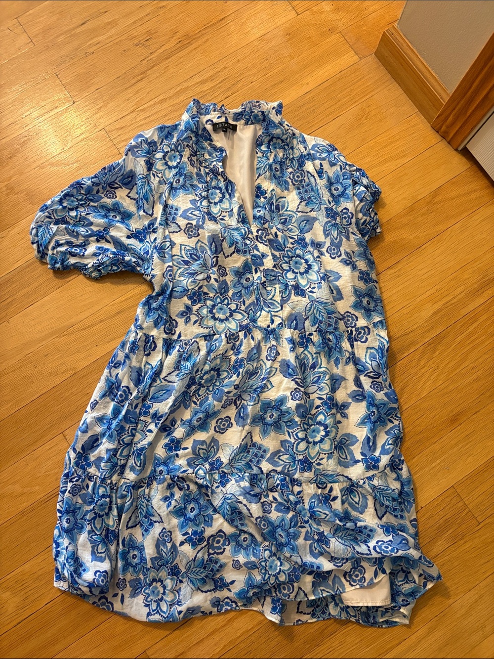 1.State Dress Tiered Puff Sleeve Lined Lightweight Gauze Blue White Dress XL